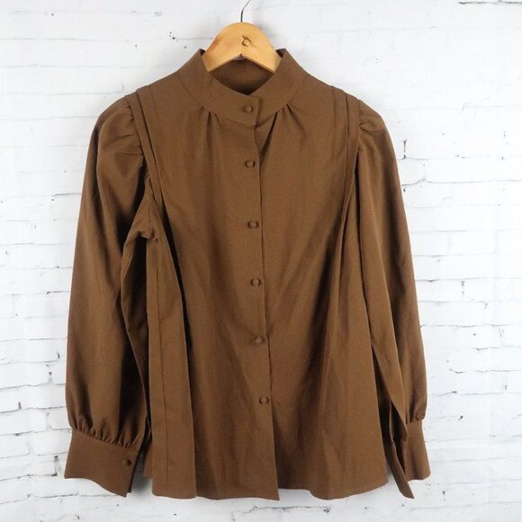 DAZY BROWN LONG SLEEVE HIGH NECK BUTTON DOWN TOP SIZE MEDIUM - Picture 1 of 6